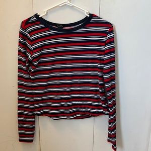 Red/black/white/blue striped long sleeve tee